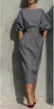 Ensemble élégant automne femme col bateau manches bouffantes jupe plissée taille haute retro - Gris