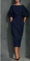Élégante Robe Midi Bleu Marine à Manches Bouffantes et Col Bateau Style Rétro - Bleu marine