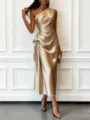 Elegant one-shoulder satin midi dress for women, sleeveless slim fit evening party gown. - XS / Champagne