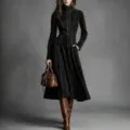 Elegantes Retro Wildleder Langarmkleid mit Reißverschluss und Taillengürtel für Damen. - XS / Schwarz