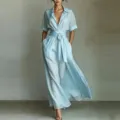 French resort style solid color lapel V-neck waist tie short sleeve casual jumpsuit garment detail - S / Sky Blue