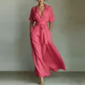French resort style pink V-neck short sleeve belted maxi dress detail and elegant design. - S / Watermelon red