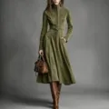 Elegantes olivgrünes Wildleder Maxikleid Langarm Reißverschluss Gürtel Herbst Winter - XS / Armeegrün