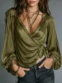 Women's satin wrap V-neck long sleeve blouse elegant tie front shirt for daily wear. - S / Olive Green