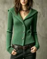 2026 otoño nuevo estilo europeo cárdigan de punto acanalado cuello V top de mujer - Verde