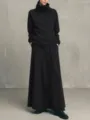 Minimalist black turtleneck sweatshirt and maxi skirt two-piece set for women autumn winter. - Black