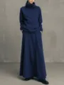 Minimalist solid color turtleneck sweatshirt and maxi skirt two-piece set in deep blue. - S / Set / Blue