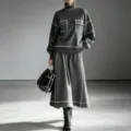 Womens high neck contrast knit sweater wide skirt set grey fall winter chic elegant outfit - S / Top And Bottom / Gray