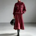 Wine red contrast knit two-piece set, high-neck sweater and wide-hem long skirt with piping. - S / Top And Bottom / Burgundy