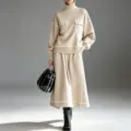 Beige Turtleneck Contrast Trim Knit Sweater And Wide Skirt Two Piece Set Variant - S / Top And Bottom / Apricot