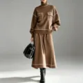 Brown Knit Two-Piece Set Contrast Piping Turtleneck Sweater and Flared Long Skirt - Coffee