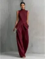 Elegante completo due pezzi camicia lunga senza maniche bordeaux e pantaloni a gamba larga - XS / Parte Superiore e Parte Inferiore / Borgogna
