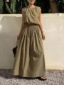 Khaki sleeveless pleated top and long skirt matching set, summer casual outdoor detail. - S / Khaki