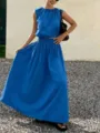 Blue sleeveless top and maxi skirt detail shot, perfect for summer vacation styling. - S / Sapphire Blue