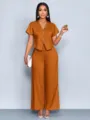 Karamell Kurzarm V-Ausschnitt Cardigan gerade weite Beine Hose Sommer Zweiteiler Set - S / Oben Und Unten / Karamellbraun