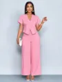 Sommer Damen rosa Kurzarm V-Ausschnitt Cardigan gerade weite Hose zweiteiliges Set Variante - S / Oben Und Unten / Rosa