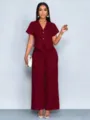 Bordeauxroter Kurzarm V-Ausschnitt unregelmäßiger Cardigan weite Hose große Größen Set - S / Oben Und Unten / Burgunderrot