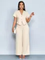 Beiges Freizeit-Zweiteiliges Set für Damen mit V-Ausschnitt, kurzem Oberteil und langer Hose. - S / Oben Und Unten / Aprikose