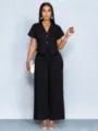 Plus size casual two-piece set with short sleeve V-neck irregular cardigan and wide leg pants. - Black