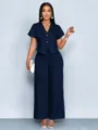 Navy blue two-piece set short sleeve V-neck irregular top wide leg pants casual variant. - Navy Blue