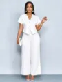 White short sleeve V-neck irregular cardigan and straight wide-leg trousers casual set. - White