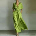 Chic French resort style solid color short sleeve belted jumpsuit for women elegance casual wear. - S / Green