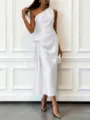 Detailed shot of the elegant one-shoulder satin midi dress, showcasing refined waist draping. - XS / White