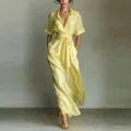French style vintage casual solid color waist-cinching slim fit short sleeve midi dress - S / Yellow