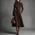 Elegant retro brown suede zip long dress with belt, perfect for autumn and winter daily wear. - Coffee