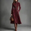 Burgundy suede zip long dress, elegant retro waist-cinching belted long sleeve apparel variant. - Burgundy
