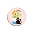 Round pink enamel pin featuring a whimsical black cat and floral vase illustration. - Round Black Cat Illustration (YP4626)