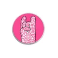 Streetwear style pink circular metal pin badge featuring hand-drawn rock gesture doodle - Round Shape(YP3389)