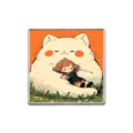 Healing style square brooch with cat and girl illustration, cute lapel pin for daily wear - Square Style (ZP4277)