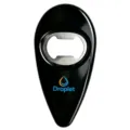 Black magnetic bottle opener fridge magnet teardrop shape with stainless steel opening tool. - Black