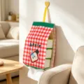 Red and white checkered fabric hanging tissue bag with cute apple cat pattern for home decor - Red