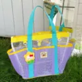 Dopamine Colorblock Mesh Beach Bag Large Capacity Travel Swim Tote with Cute Plush Pendant - With Doll Pendant - Waterproof / Purple