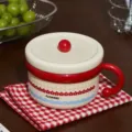 Ins style stainless steel instant noodle bowl with lid, cute red handle and floral pattern design. - Vintage Small Flower