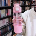 Pink plastic straw water bottle for girls, cute cherry print large capacity student cup. - Pink