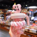 Cute pink straw water bottle with 3d heart doll toy marshmallow grip for girls desk use - 500ml / Peach Pink