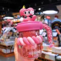 Pink cute straw water bottle with cartoon character and bead handle for office and daily use. - 500ml / Rose Pink