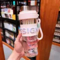 Pink straw water bottle for women, high aesthetic fruit tea cup with strap for office use. - 650ml / White