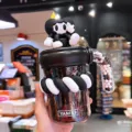 Cyber YAYA süße Glas Trinkflasche mit Strohhalm und Cartoon Deckel für Büro und Alltag. - 500ml / Schwarz
