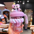 Pink cute cyber style plastic water bottle with straw and cartoon topper, ideal for office use. - 500ml / Purple