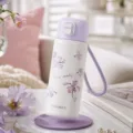 Edelstahl Vakuumisolierte Trinkflasche mit lila Iris Blumenmuster und praktischer Trageschlaufe. - 480ml / Lila Iris