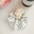 Cute white polka dot scrunchie hair tie with a soft plush bunny charm for girls - Rabbit Ornament Style / White Polka Dot