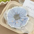 Cute blue and white striped hair scrunchie with delicate lace trim and orange polka dots - Blue Contrast Polka Dot