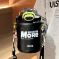 Black large capacity insulated water bottle with strap and straw for daily sports use. - 800ml / Black