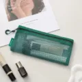 Trousse de toilette zippée en maille verte, pochette de rangement portable et transparente. - Forme Plate Longue / Vert forêt
