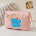 Pink quilted makeup bag, cute elephant embroidery, portable travel wash storage pouch. - Elephant / Pink