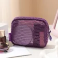 Purple mesh cosmetic bag portable zipper makeup pouch for travel and daily storage. - Mini Cube Bag / Purple